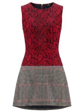 Red Lace Plaid Mini Dress by Gil Santucci - Italian Designer